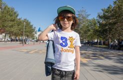 boy with giraffe birthday tshirt