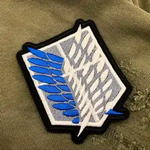 Embroidered anime emblem border and stitching detail