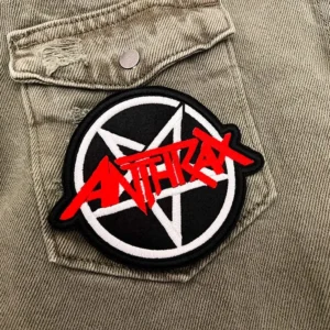 Embroidered thrash metal patch border and stitching detail