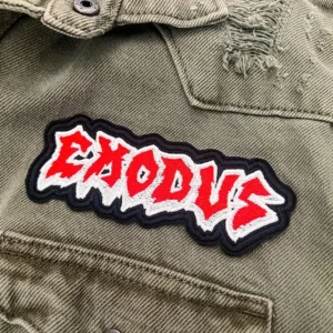 Embroidered thrash metal patch border and stitching detail