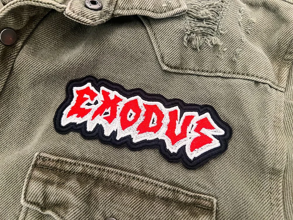 Embroidered thrash metal patch border and stitching detail