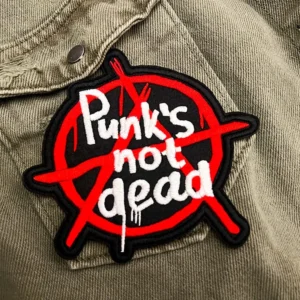 Embroidered punk slogan patch border and stitching detail