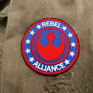 Embroidered sci-fi symbol patch border and stitching detail
