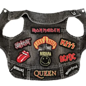 Black denim rock band dog jacket