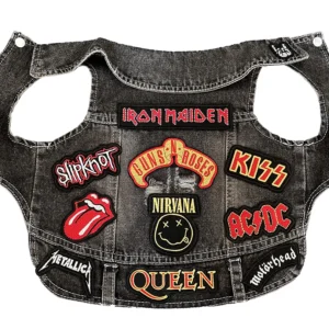 Black denim rock band dog jacket