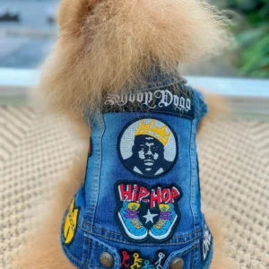 Hip hop denim dog jacket with embroidered rap patches