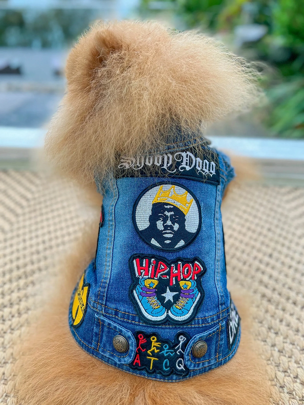 Hip hop denim dog jacket with embroidered rap patches