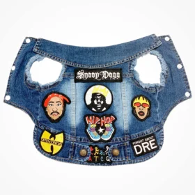 Blue denim dog jacket with Wu-Tang and Snoop Dogg patches