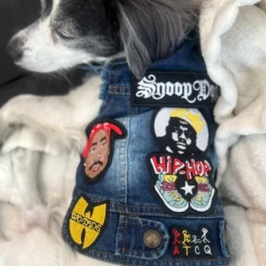 Blue denim pet jacket with colourful Hip Hop logo