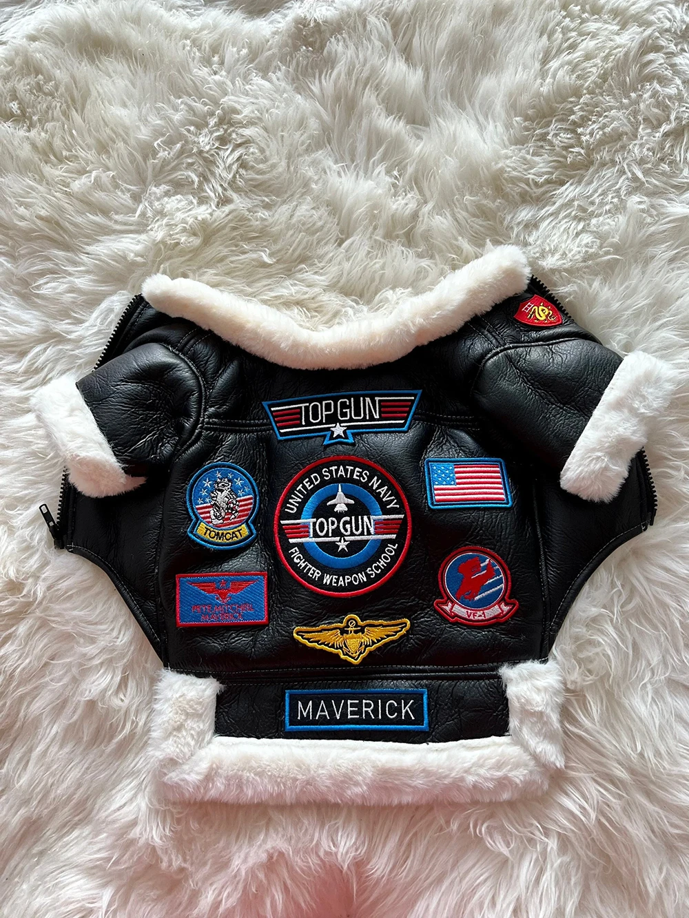 Top Gun dog jacket with Maverick and US Navy patches
