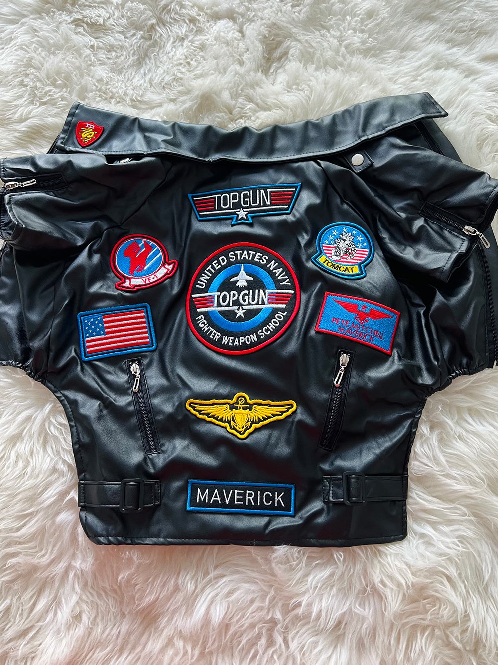 Black aviator dog jacket with Naval Aviator Wings patch