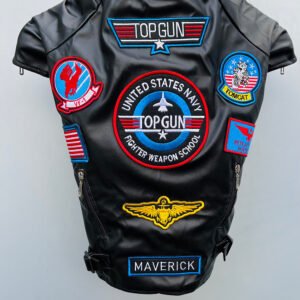 Black Top Gun dog jacket with Maverick and US Navy patches