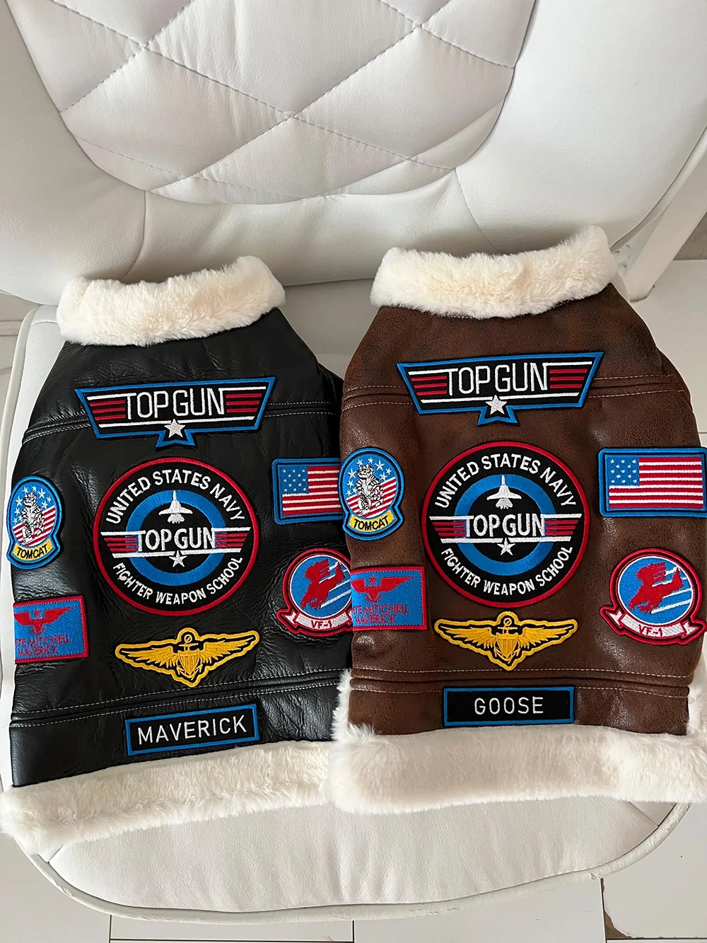 Top Gun dog jacket with embroidered aviation patches
