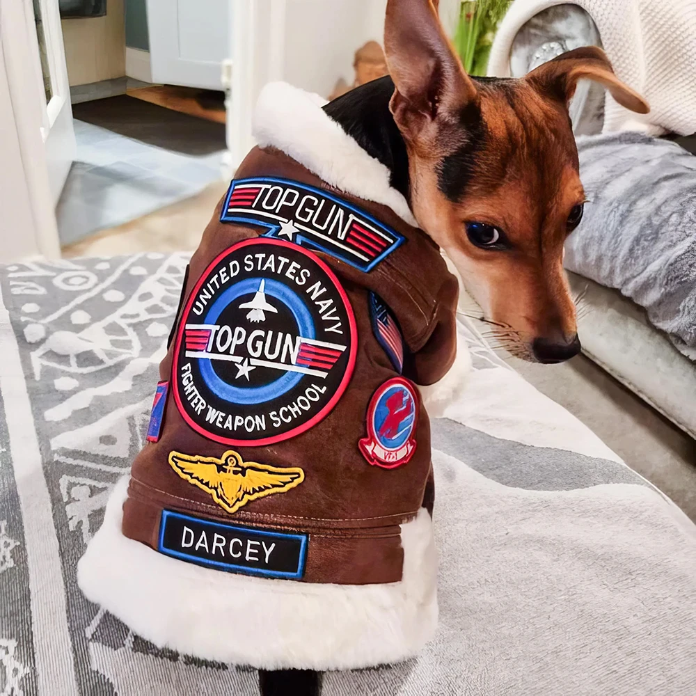 Top Gun pet jacket with Naval Aviator Wings and Maverick patches