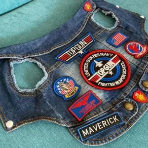 Blue denim dog jacket with Top Gun and Maverick patches