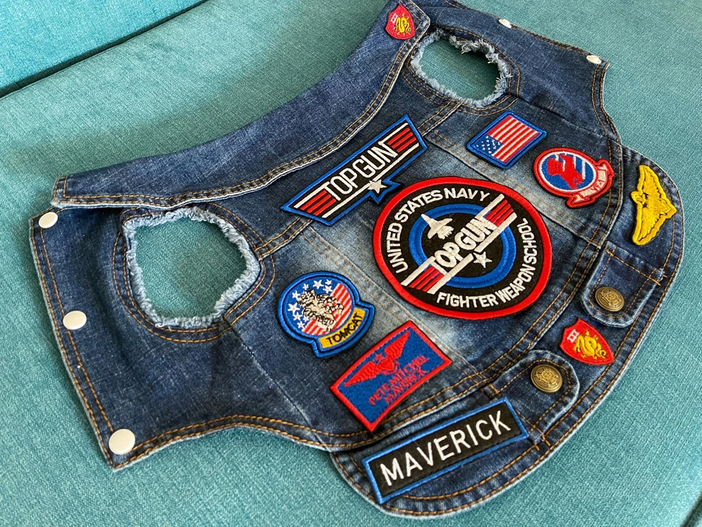 Blue denim dog jacket with Top Gun and Maverick patches