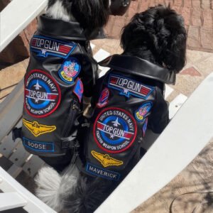 Top Gun Black Leather Dog Jacket with embroidered aviation patches