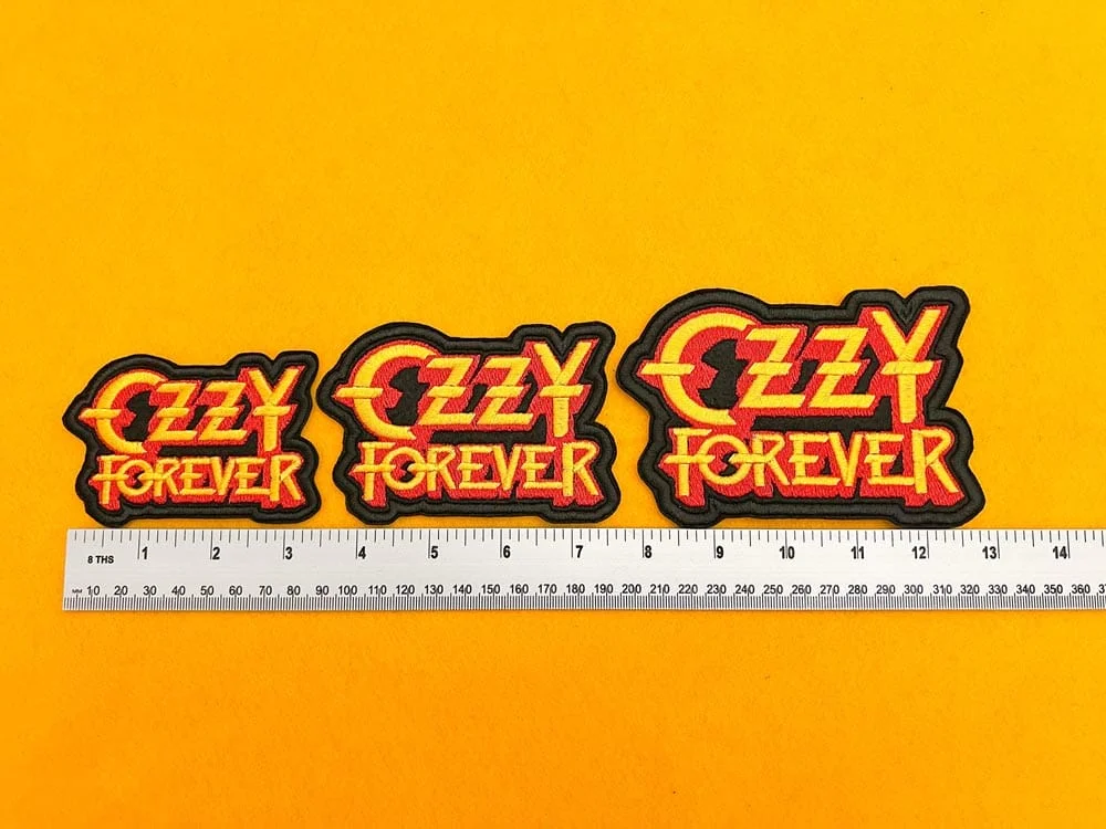 Embroidered Ozzy Forever design beside measurement ruler