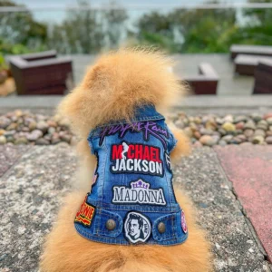 Blue denim dog jacket with Prince Queen and Michael Jackson patches