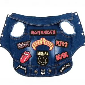 Rock denim dog and cat jacket with embroidered band patches