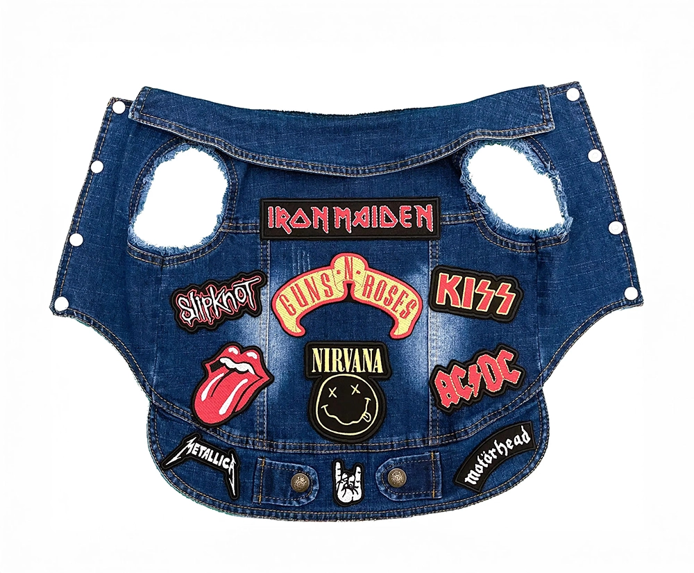 Rock denim dog and cat jacket with embroidered band patches