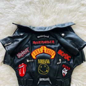 Luxury faux leather rock dog jacket with embroidered band patches