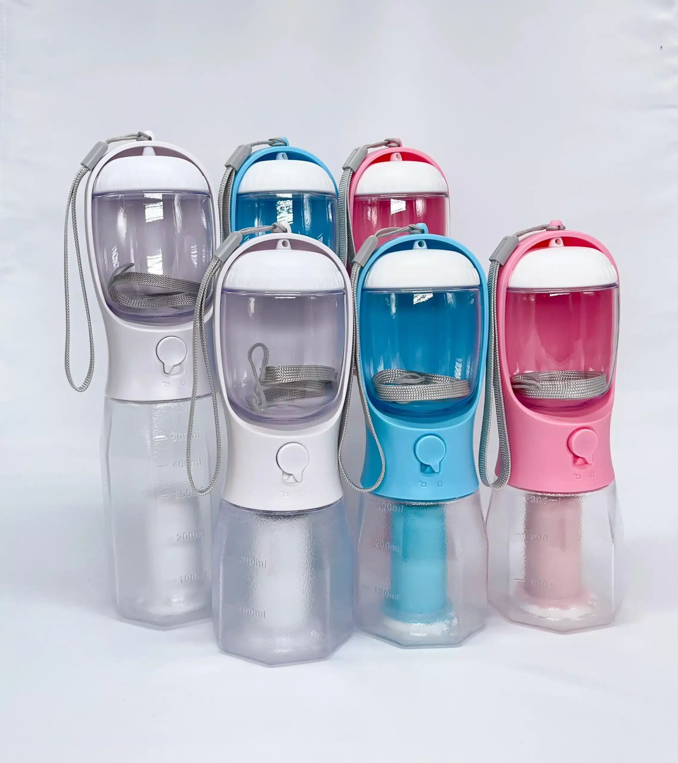 PetFlow Pro portable dog water bottle available in blue white and pink