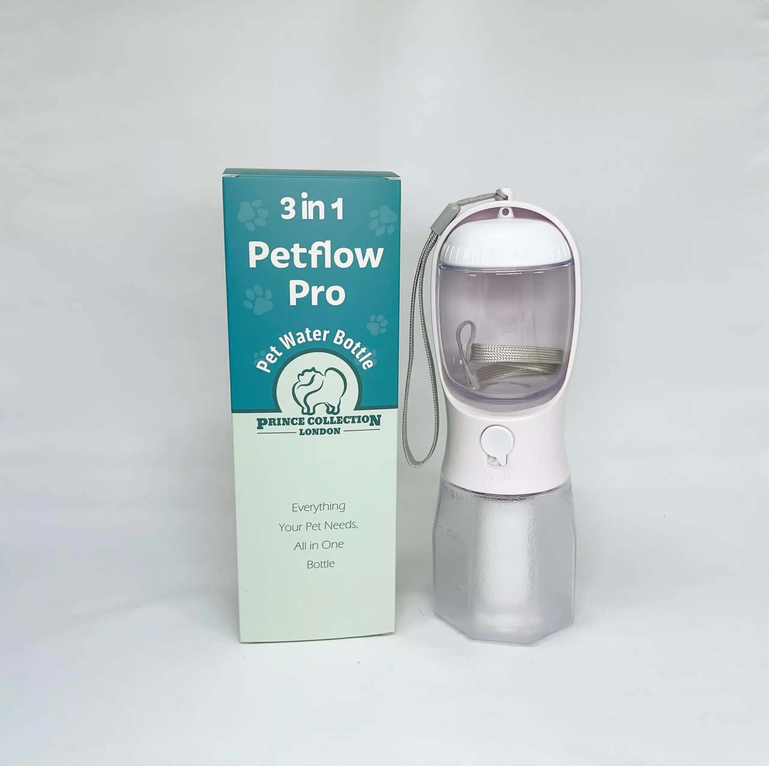All-in-one dog walking water bottle with bowl food storage and waste bag holder